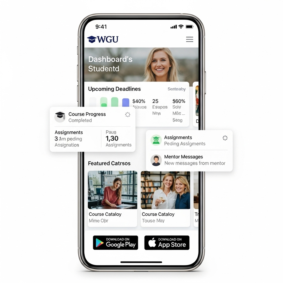 Mobile app showing WGU student portal dashboard
